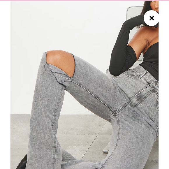 Sold❌Prettylittlethings WASHED GREY SLASH KNEE LONG LEG STRAIGHT LEG JEANS s - Picture 3 of 6